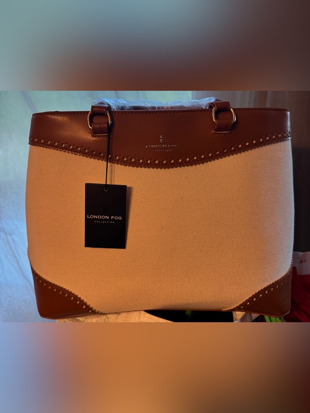 London Fog DELILAH Oversized Cream & Cognac Canvas Satchel & Wallet Set